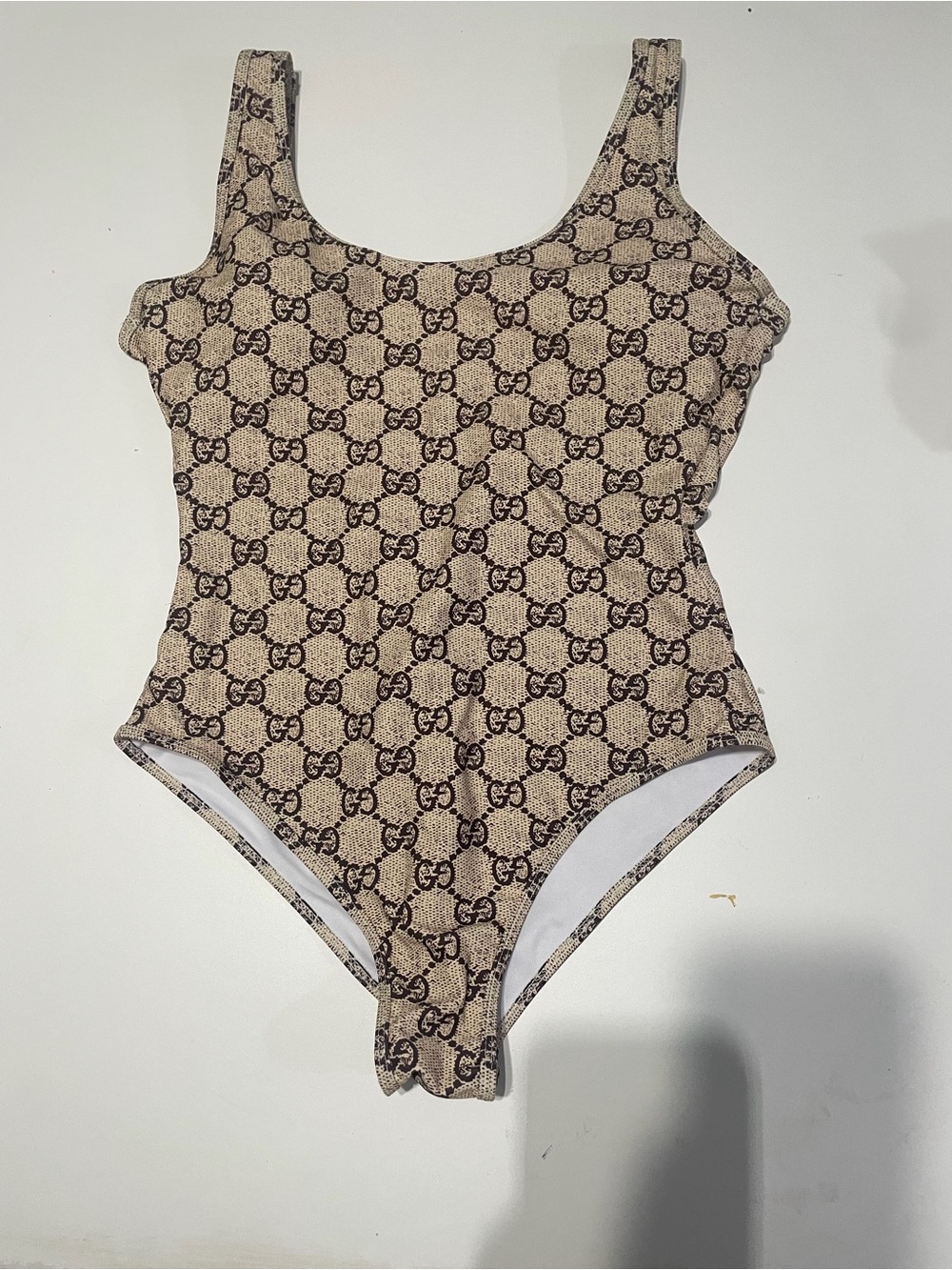 Gucci Beige Logo Print One-Piece Swimsuit